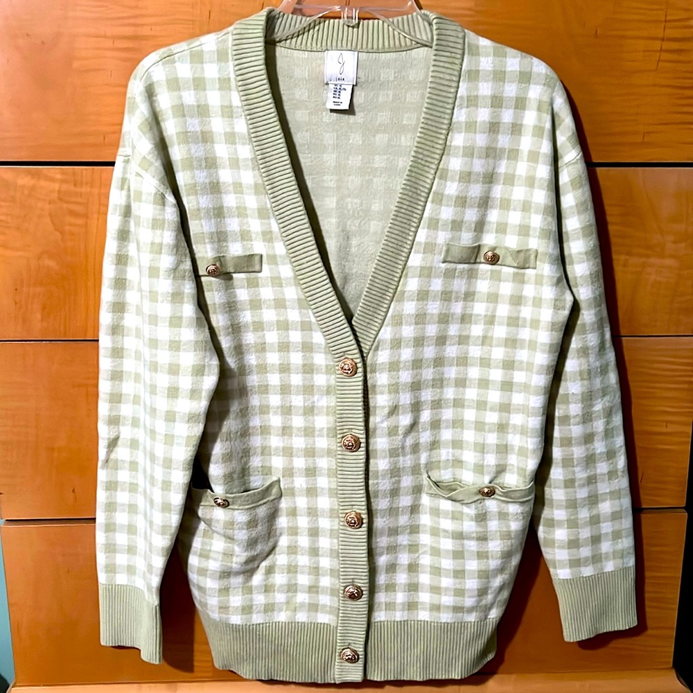 Joie Light Green and White Check Sweater Size Large